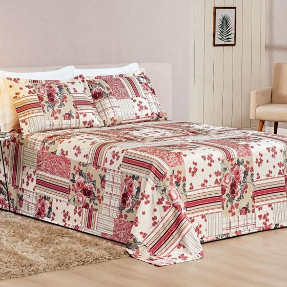 Imagem de Cobre Leito Queen  Arezzo Tecido Piquet 03 Peças Patchwork Vermelho