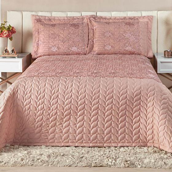 Imagem de Cobre Leito Queen Realeza Micropercal 200 Fios com Tule Bordado 5 Peças - Rose