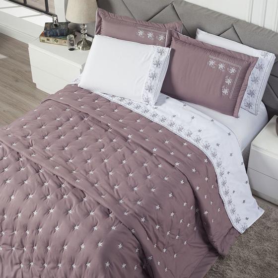 Imagem de Cobre Leito Saint Germain King 3 peças 200 fios Mauve c/ bordado branco