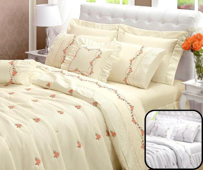 Imagem de cobreleito cama queen 6 peças todo bordado colcha queem bouquet buque palha luxo