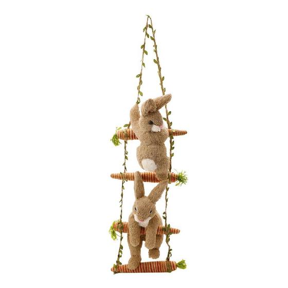 Imagem de Coelhos Marrons em Escada de Cenoura para Pendurar Decoração Páscoa 48x24 cm