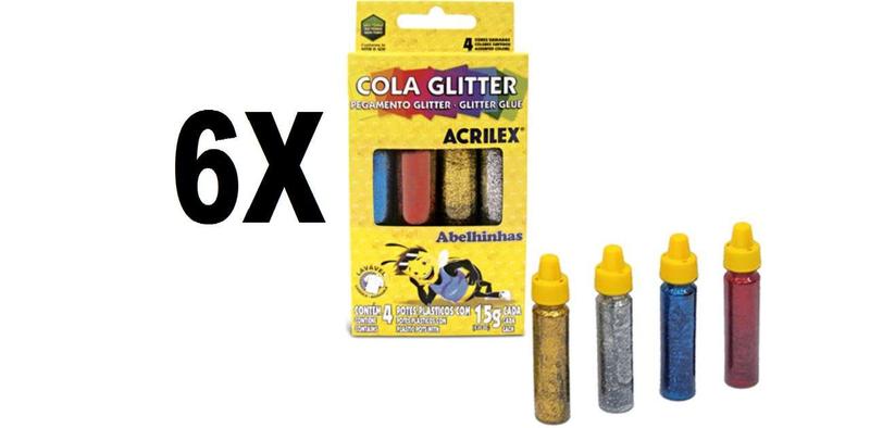 Imagem de Cola Glitter 4 Cores 15g Acrilex Kit com 6 Caixas