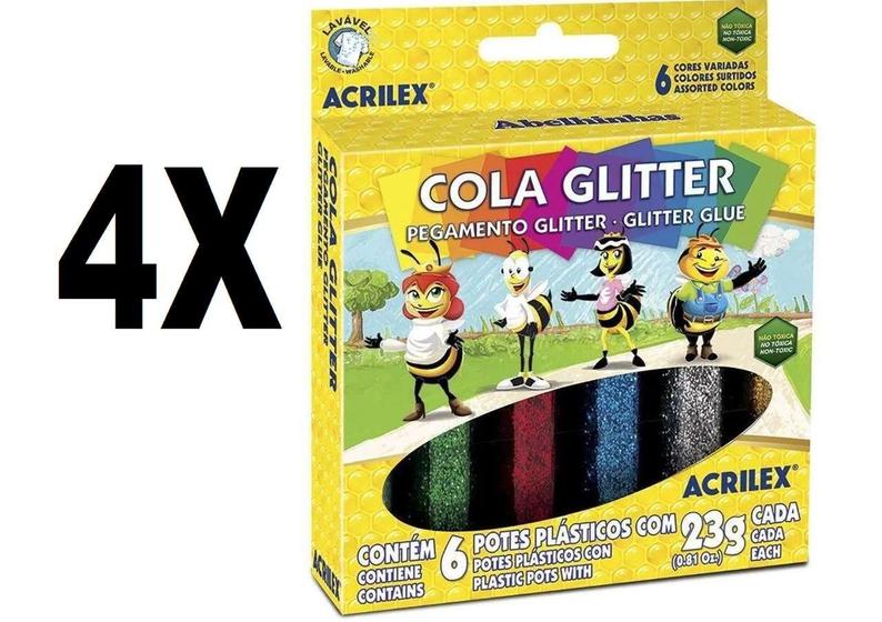 Imagem de Cola Glitter 6 Cores 23g Acrilex Kit com 4 Caixas