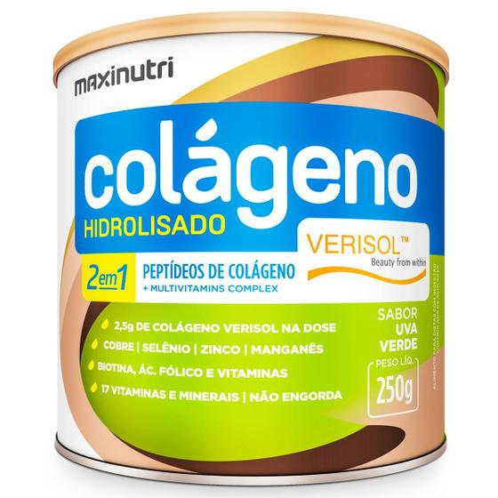 Imagem de Colágeno Hidrolisado Verisol Cobre Selênio Zinco Manganês Biotina Ácido Fólico e Vitaminas 2 em 1 250mg Sabor Uva Verde Maxinutri