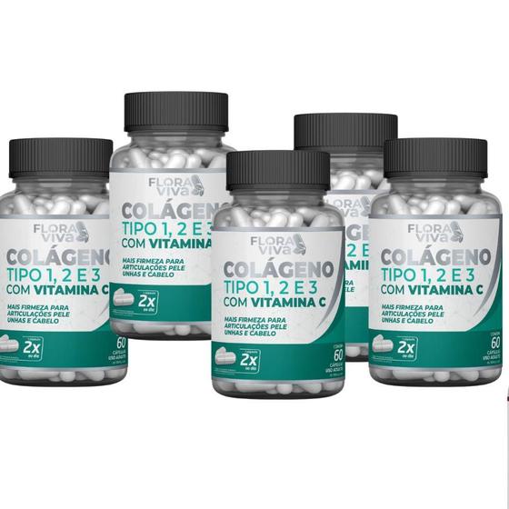 Imagem de Colágeno tipo 1,2 e 3 com vitamina C 500mg 60 caps Kit com 5