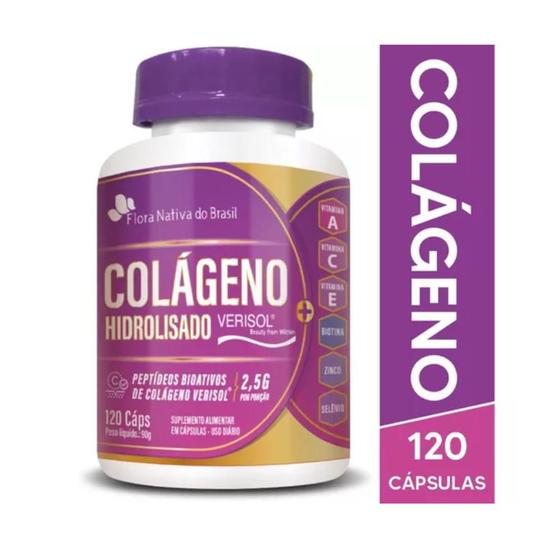 Colágeno Verisol Hidrolisado + Peptídeos + Biotina + Zinco + Selênio 120 Cápsulas 750mg - Flora Nativa do Brasil Imagem de Colágeno Verisol Hidrolisado + Peptídeos + Biotina + Zinco + Selênio 120 Cápsulas 750mg