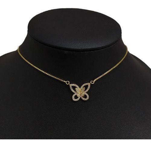 Imagem de Colar Borboleta Pedra Zirconia Dourado F. Ouro 18k Semi Joia