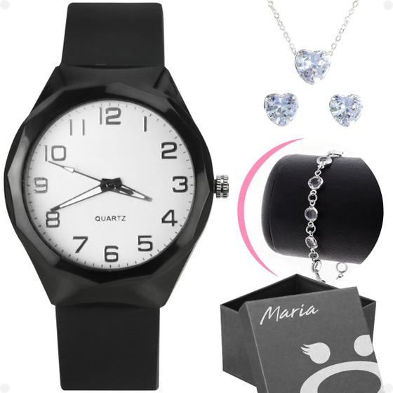 Imagem de colar brinco + relogio feminino aço prova dagua + caixa ajustavel original social preto coração moda