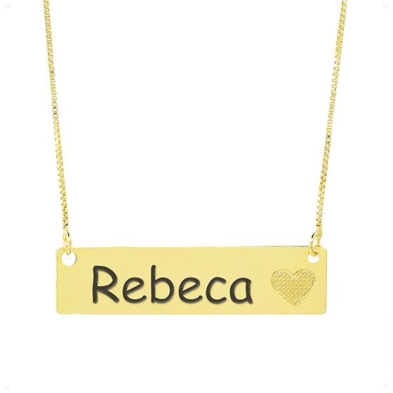 Imagem de Colar Chapinha Coração Gravação Personalizada Nome Rebeca Banhado Ouro 18K - 999006456