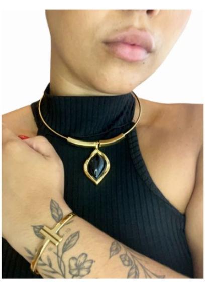 Imagem de Colar Chocker Folha Resina Preta Banhado A Ouro (kit)