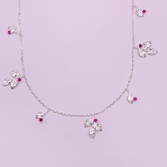 Imagem de Colar chocker, folhas com zircônia rosa, 40 cm + extensor, prata 925