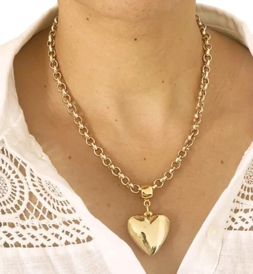 Imagem de Colar Choker Corrente Feminino Elos Português Grosso 50cm Pingente Coração Liso Folheado Ouro 18k Tendência