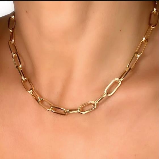 Imagem de Colar Choker Corrente Grossa Elo Quadrado Folheado Ouro 18k Inspiração Blogueira GargantilhaTendência Moda Dourado