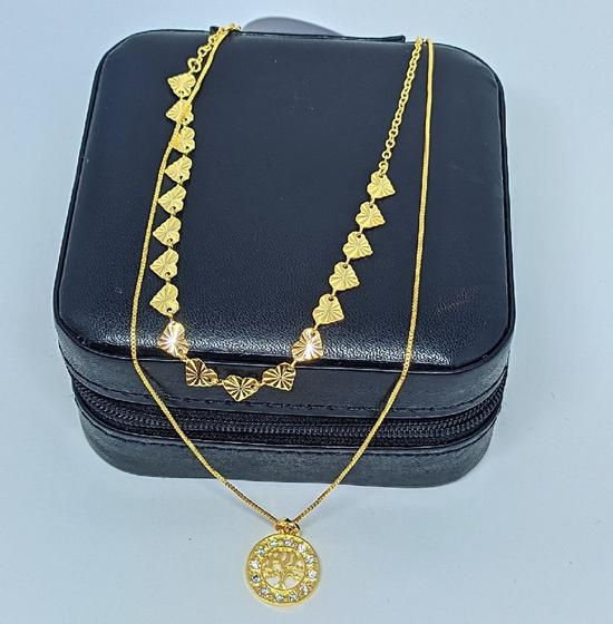 Imagem de Colar Choker Duplo Corações Lisos Pingente Arvore da Vida Cravejado Pedras Zircônias Folheado Ouro/ Prata Tendência