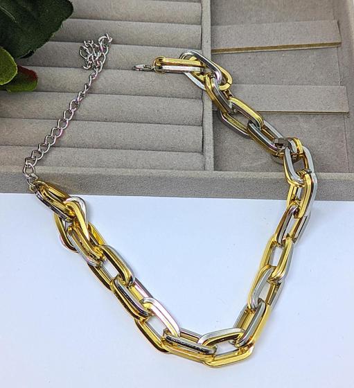 Imagem de Colar Choker Elos Duplos Grossa Folheado Ouro Corrente Elo Retangular Grande Dourado com Prata Tendência Moda 2024