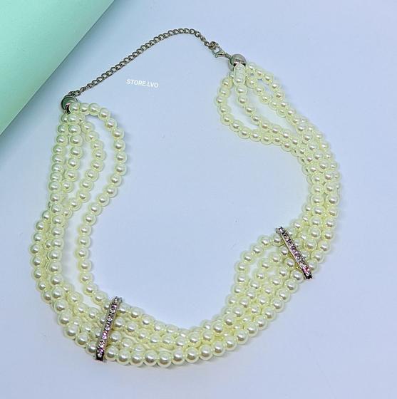 Imagem de Colar Choker Feminino 4 voltas pérolas Branco Gargantilha 4 fileiras Mix Pérola com pedras Zircônias folheado prata