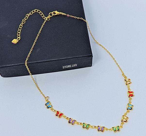 Imagem de Colar Choker Feminino com Pingente Borboletas de Zircônias Coloridas Folheado a Prata Gargantilha Borboleta Luxo Moda