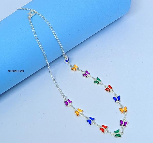 Imagem de Colar Choker Feminino com Pingente Borboletas de Zircônias Coloridas Folheado a Prata Gargantilha Borboleta Luxo Moda
