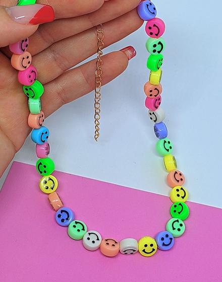 Imagem de Colar Choker Miçangas Coloridas Smile Grande Feminino Adulto e Infantil Inspiração Blogueira Virginia Moda Verão