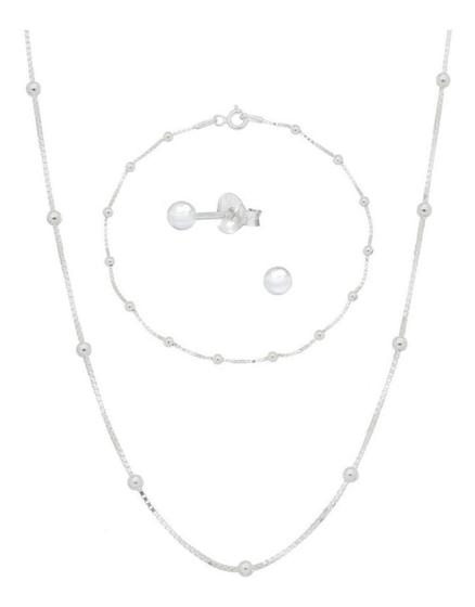 Imagem de Colar Choker Pulseira Brincos Prata 925 Bola Bolinha Kit95