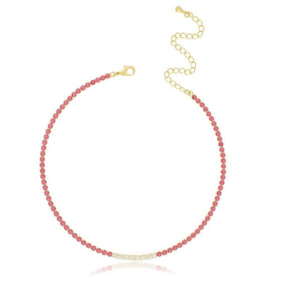 Imagem de Colar Choker Riviera Zircônia Rosa e Branca - Banho Ouro 18K