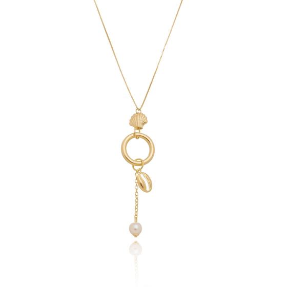 Imagem de Colar com concha pendulo com perola e buzio - folheado ouro 18 k