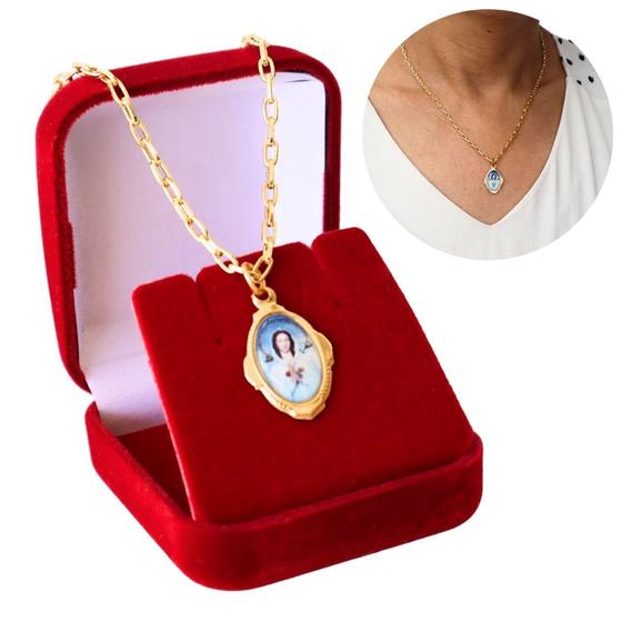 Imagem de Colar com Medalha N Sra Rosa Mística Dourado Caixa Veludo