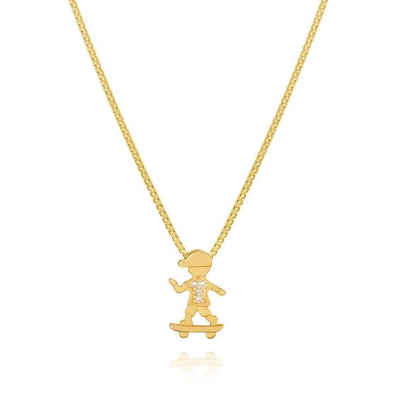 Imagem de Colar Com Pingente de Filho Menino no Skate Com Zirconias banhado em ouro 18k cordão mãe filhos