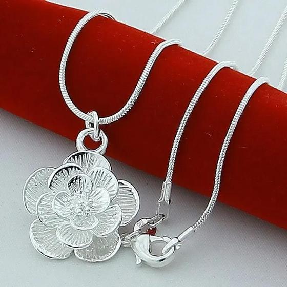Imagem de Colar com Pingente de Flor Rosa Prateada - Corrente de Cobra 18-30 Polegadas
