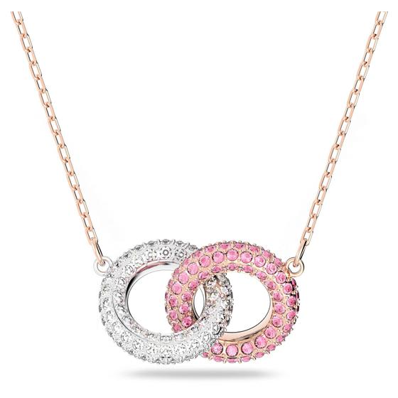 Imagem de Colar com pingente de pedra Swarovski com design circular entrelaçado, cristais Swarovski rosa e brancos em corrente com acabamento em ouro rosa, parte da coleção Swarovski Stone