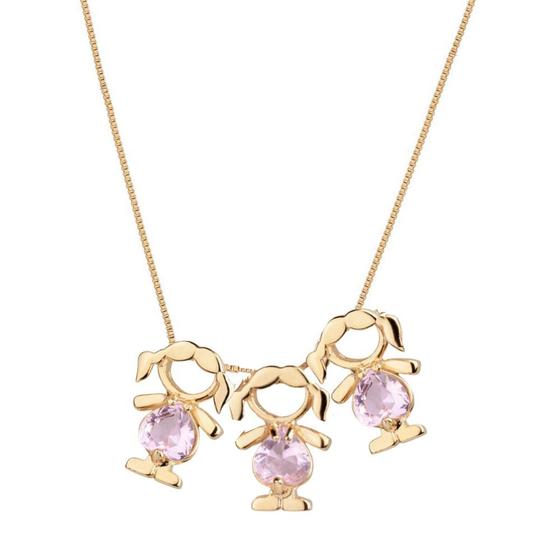 Imagem de Colar com pingente três Filhas meninas com cristal rosa banhado em ouro 18k cordão mãe