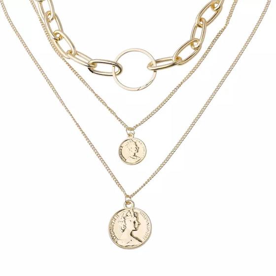 Imagem de Colar Conjunto 3 Peças Dourado Duplo Medalhão Circulo