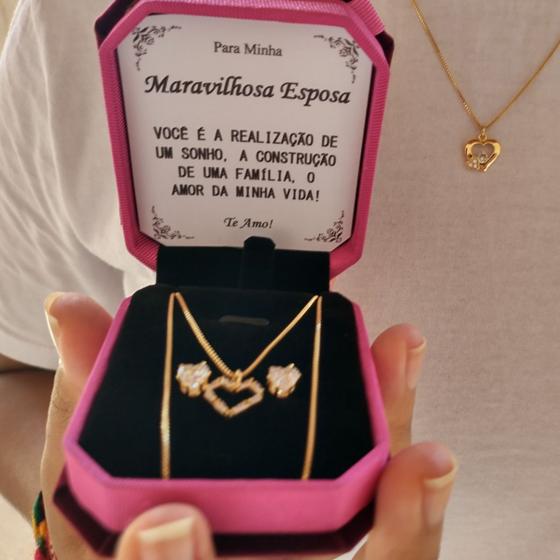 Imagem de Colar Coração Ouro Presente Aniversário Esposa + Caixinha Veludo Personalizada com Dedicatória