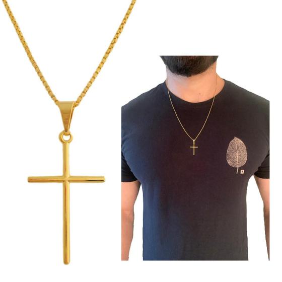 Imagem de Colar Cordão Corrente Correntinha Masculino e Pingente Cruz Crucifixo Banhado a Ouro 18k