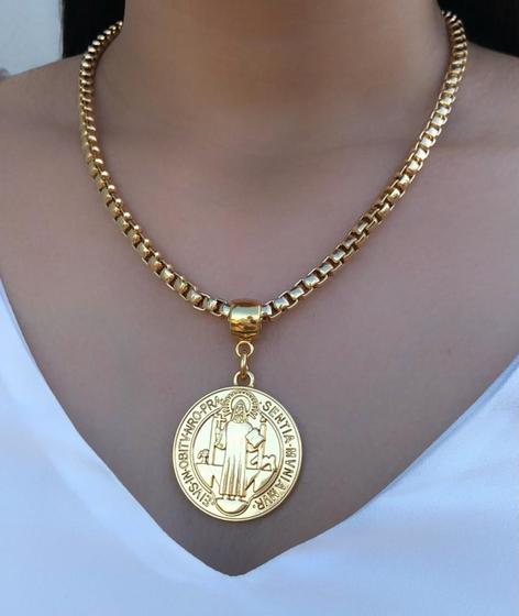 Colar Cordão Corrente Feminino Medalha São Bento Semijoia