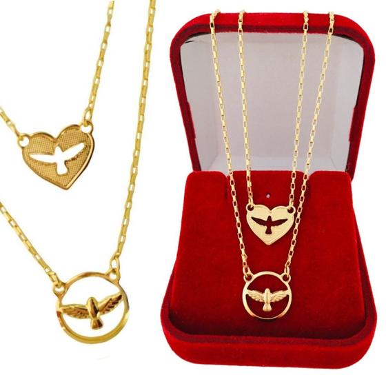 Imagem de Colar Cordão Correntinha Gargantilha Feminina Corrente Dupla e Pingente Divino Espírito Santo Banhado a Ouro 18k