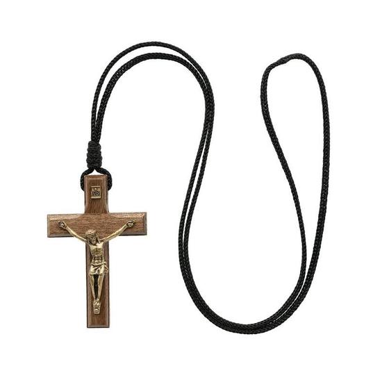 Imagem de Colar Cordão Cruz Crucifixo Coroinha Madeira 7 cm Dourado