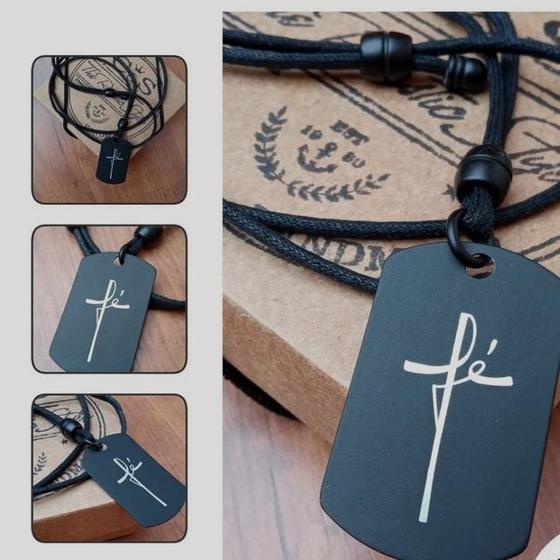 Imagem de Colar Cordão Fio Couro Encerado Feminino/Masculino Longo Regulável Preto Pingente Inox Fé Jesus Pai Nosso Cruz Moda