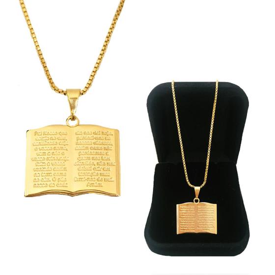 Imagem de Colar Cordão Masculino 60 cm Dourado Pingente Biblia Sagrada Fé Banhada a Ouro 18 k