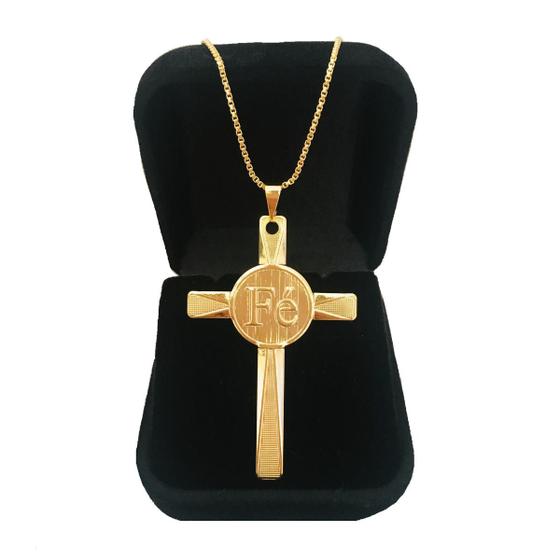Imagem de Colar Cordão Masculino 70 cm Dourado Pingente Cruz Crucifixo Fé Banhada a Ouro 18 k