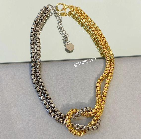 Imagem de Colar Corrente Elo Duplo Grossa elos 6mm com Nó Folheado Ouro Dourado com Prata Luxo Acessórios feminina