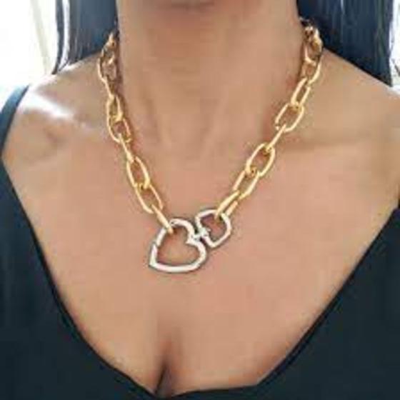 Imagem de Colar Corrente Elos grosso Mosquetão Coração / Choker Elo grande folheado ouro 18k Moda