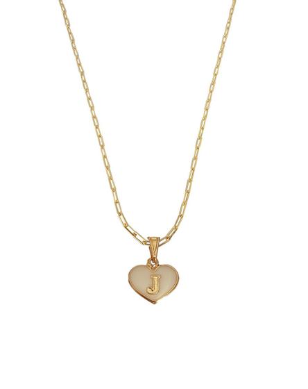 Imagem de Colar Corrente Feminina Pingente Amor Coração Branco Letra Inicial J Personalizada Banhado a Ouro 18k.