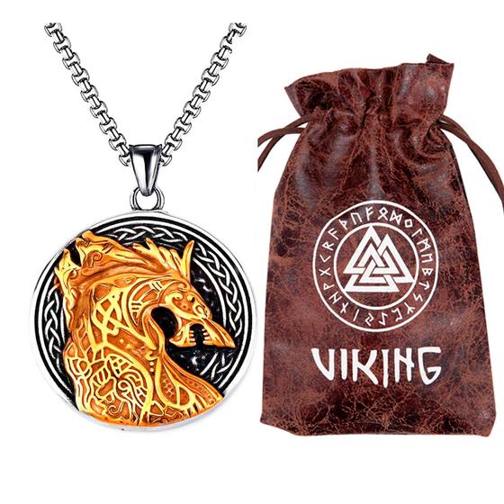 Imagem de Colar Corrente Masculina Pingente Viking Lobo Fenrir Runas Dupla Face Aço Inox