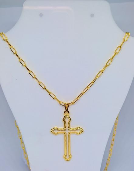 Imagem de Colar Corrente Masculino Elos grande Folheado Ouro 18K Dourado Pingente Cruz Crucifixo Vazado 70cm