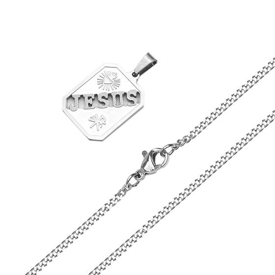 Imagem de colar corrente placa escrito jesus vazado em aço inox prata prateado não ficar preto 45cm 60cm