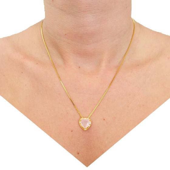 Imagem de Colar Correntinha Feminina Banhada a Ouro 18 k Pingente Coração Cristal Rosa Zircônias Cravejadas