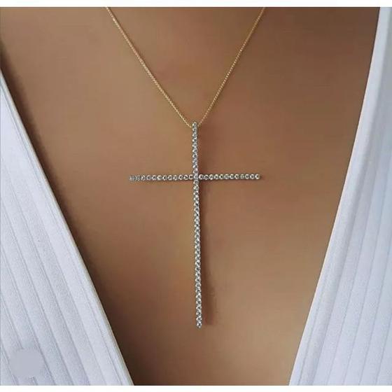 Imagem de Colar Crucifixo Feminino Folheado ouro 18k / Cordão veneziana Pingente Cruz Pedras Zircônia