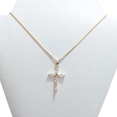 Imagem de Colar Cruz Crucifixo Com Pedra De Zirconia Banhado Ouro 18k