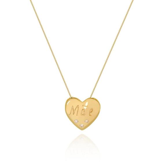 Imagem de Colar de Coração escrito Mãe com 3 micro pontos de zirconias banhado em ouro 18k cordão